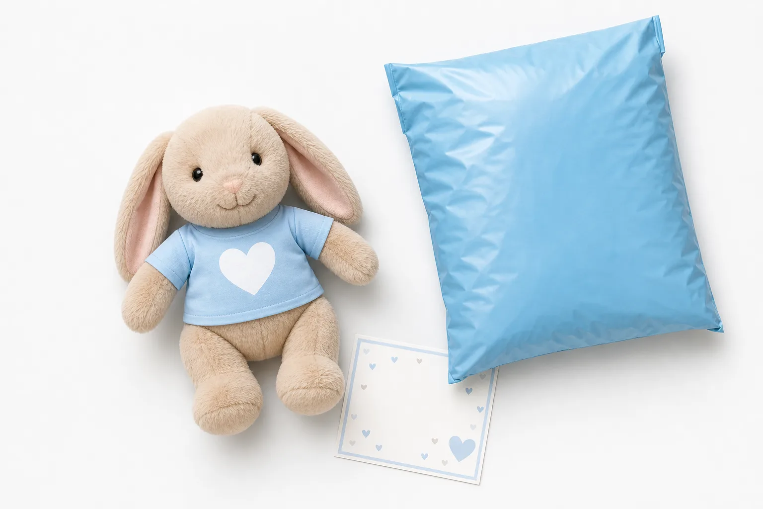 Flat lay of plush gift, message card, and blue mailer