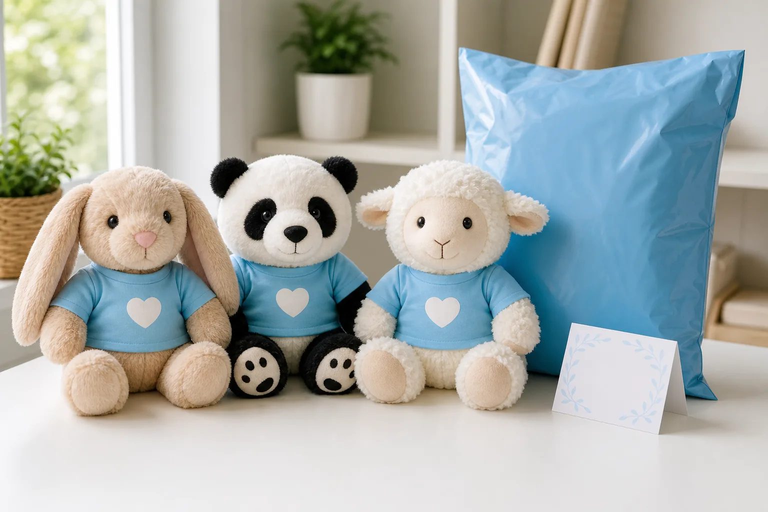 Plush animals with light-blue heart tees beside a blue mailer